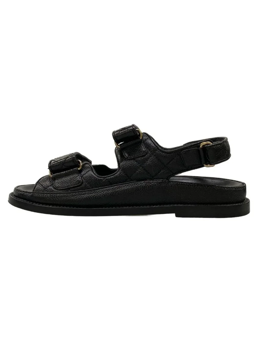Chanel Sandals C Black Quilted CC Logo Gold Velcro
